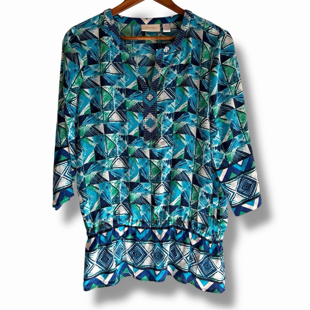 Chico’s Size 0 Blue Geometric Print Embellished Tunic Top 3/4 Sleeve